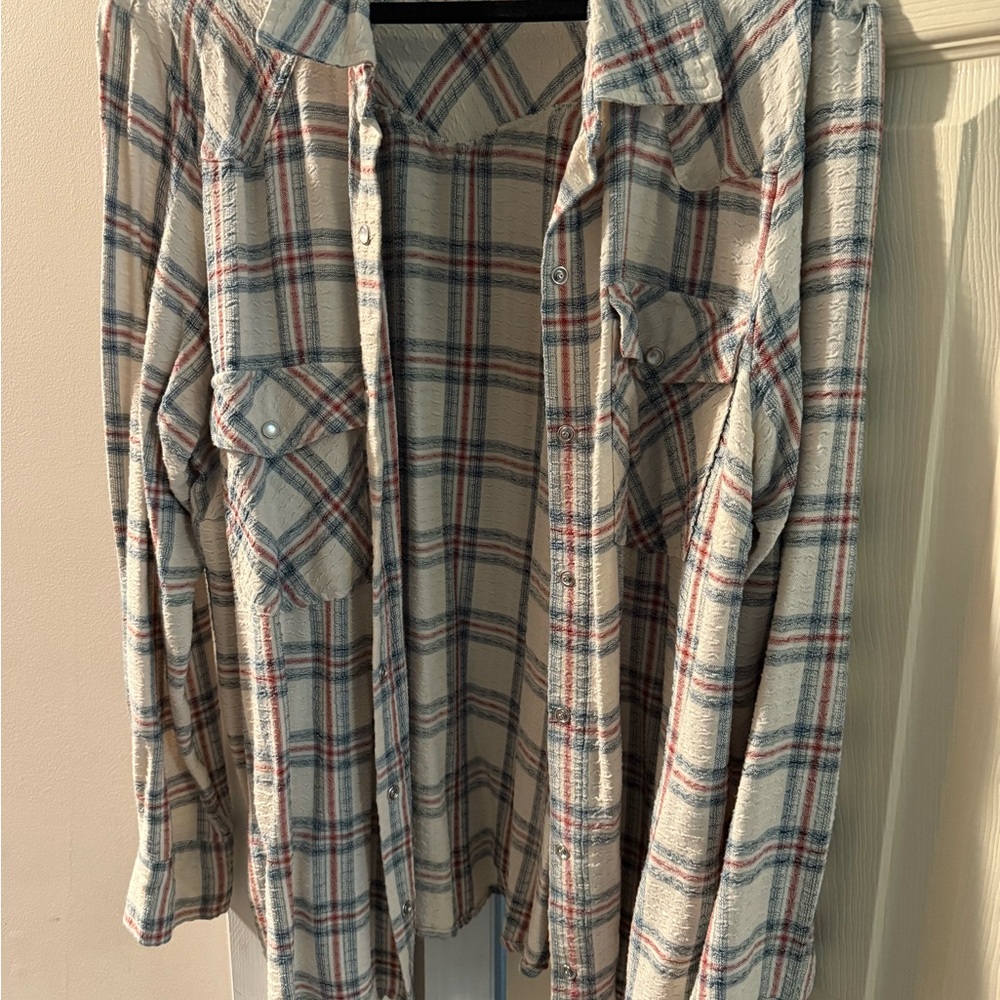 Maurices Beige and Blue Plaid Button-Down Shirt